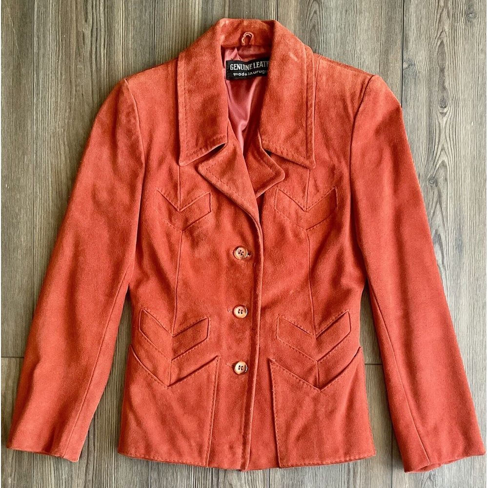 Vintage Made In Uruguay Jacket Womens Sz 5/6 Burnt Orange Suede Leather Western